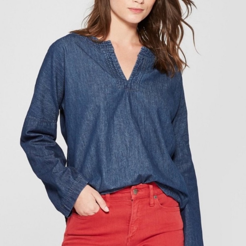 Chambray bell sleeve V neck blouse